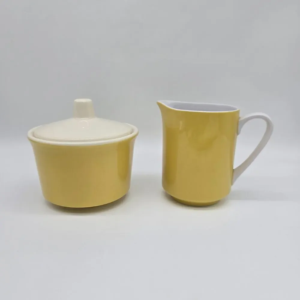 Vintage Mikasa Cera Stone Covered Sugar Bowl & Creamer Set Japan Yellow MCM